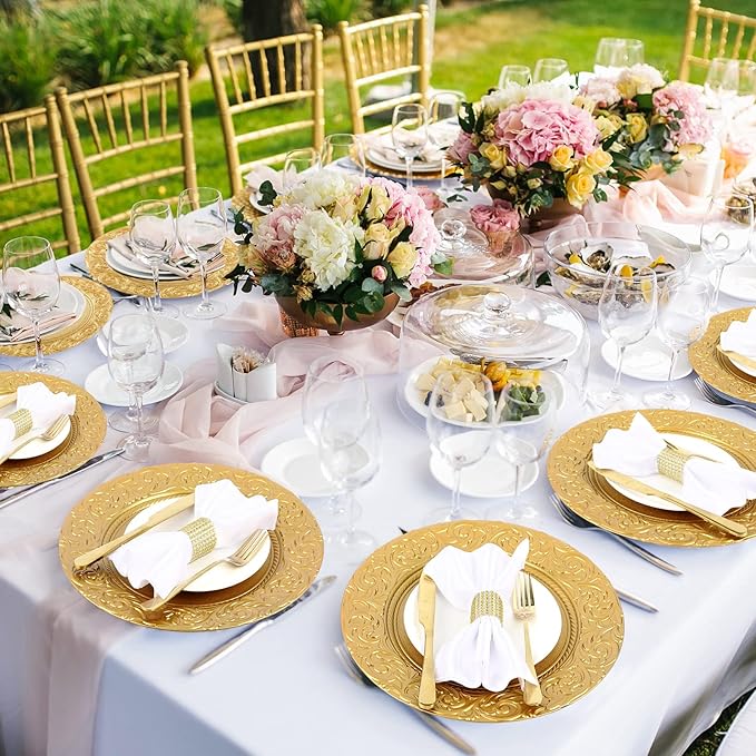 Uiifan 150 Pcs Antique Charger Plates Bulk 13'' Plastic Embossed Dinner Plate Chargers Round Floral Plates for Wedding Decorative Chargers for Table Dinner Kitchen Party Decoration (Gold)