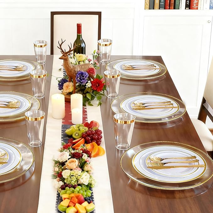 13 Inch Charger Plates, 16 Pack, Clear Charger Plates with Gold Rim, Heavy Duty Disposable Plastic Chargers for Dinner, Elegant Dining, Wedding, Party, Formal Event Decoration (16, Gold)