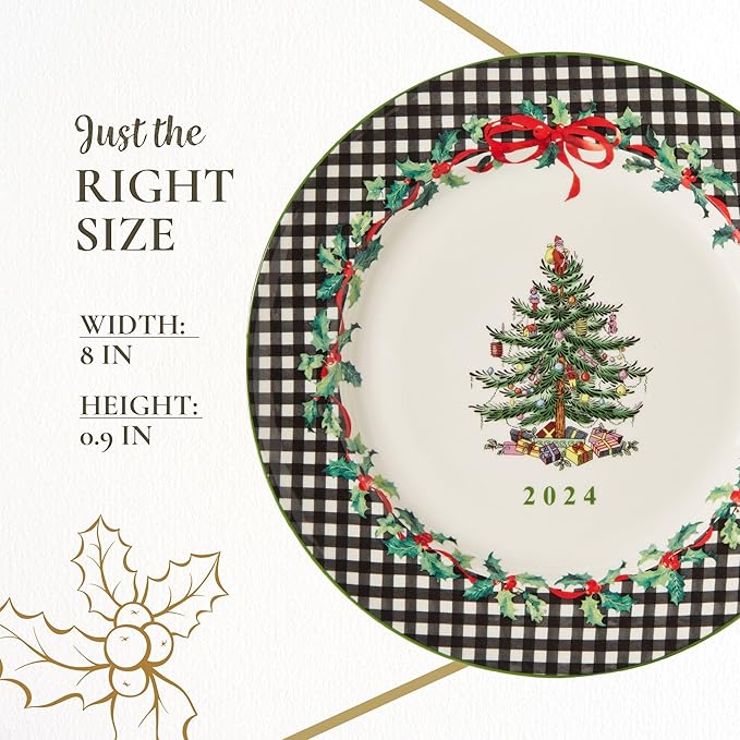 Spode Christmas Tree Collector Plate - Exclusive Border with Red Ribbon & Black Check, Seasonal Display or Holiday Tableware Use, 8" Porcelain Plate - Microwave & Dishwasher Safe, Great Holiday Gift