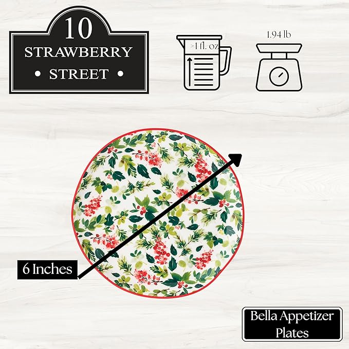 10 Strawberry Street Bella Holiday Appetizer Plates, Holly, Set of 4