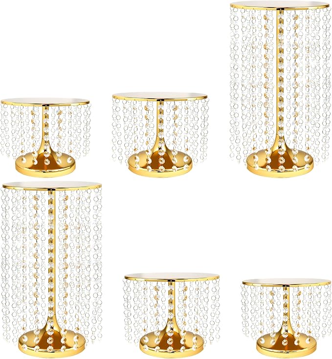 6 Pcs Crystal Gold Cake Stand for Party, Gold and Crystal Dessert Table Display Set, Vintage Metal Cupcake Stand Includes Protective Film