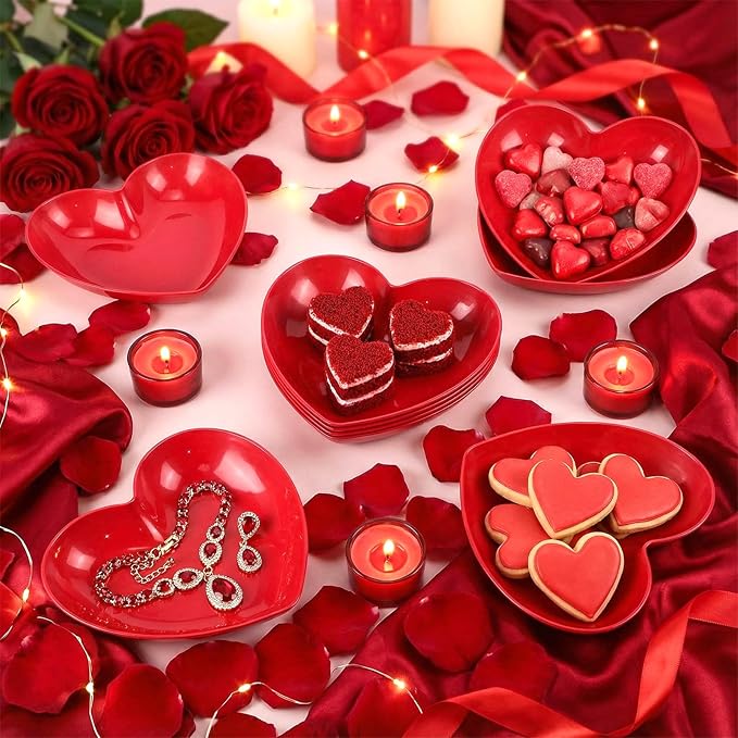 10-Pack 9.8 Inch Valentine's Day Candy Dish Heart Shaped Candy Bowl Plastic Dessert Plates Heart Shaped Dinner Bowl Party Serving Dishes for Salad, Cake, Snack, Waffles, Fruit, Appetizer(Red)