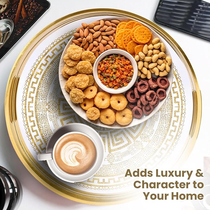 Round Serving Tray with with Handles Antique Look & Stylish Design Decorative Trays for Kitchen Round Ottoman Tray for Dinning Living Room & Home Decor Pack of 2 (Gold)
