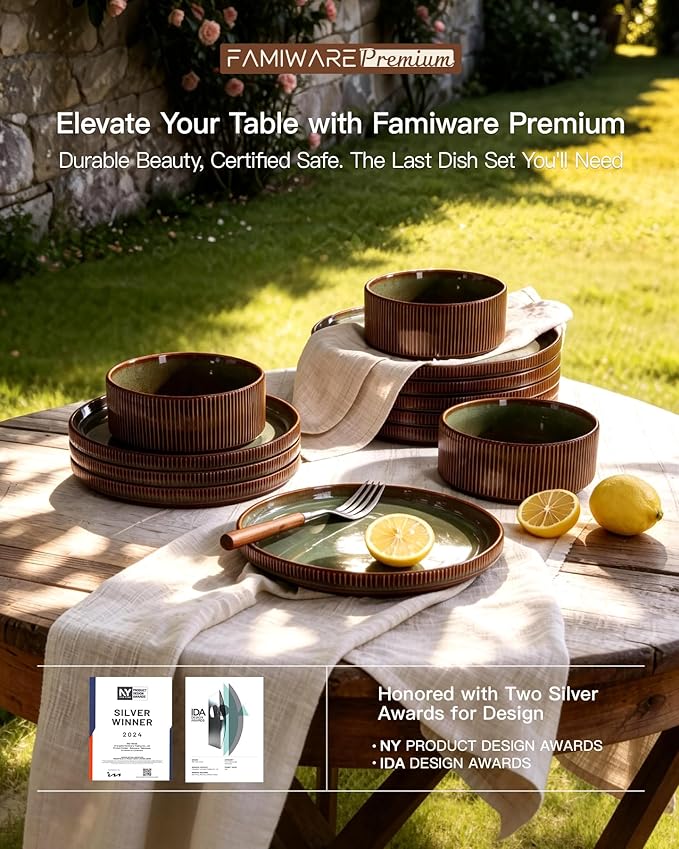 Stoneware Dinnerware Sets, Handcrafted Double Reactive Glaze Plates and Bowls for Everyday & Formal Dining, Microwave & Dishwasher Safe, Scratch Resistant Dishes Service for 4 (12-Piece), Moss Cocoa