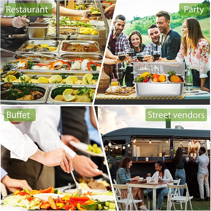 Countertop Food Serving Display Container and Clear Roll Top Cover Stainless Steel Food Serving Tray Buffet Condiment Dispenser Display Rack for Restaurant Hotel Kitchen Party (21 x 13 x 13'')