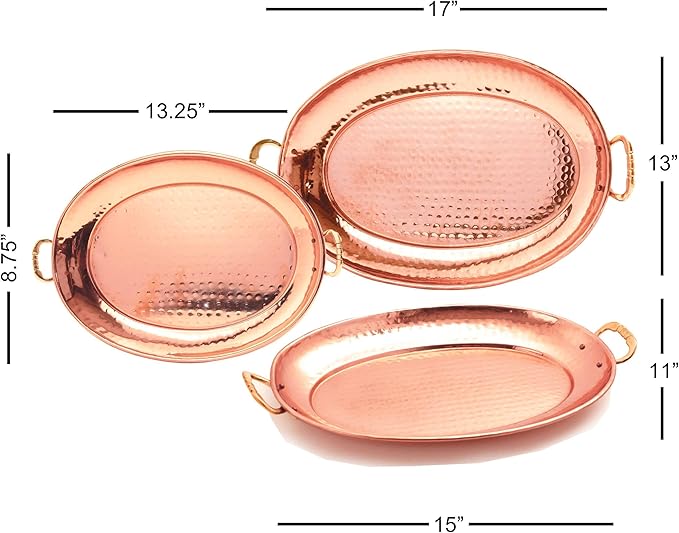 Old Dutch 250 Hammered Copper Oval Trays with Cast Brass Handles, Set of 3, 17" x 13"/15" x 11"/131/4" x 83/4"
