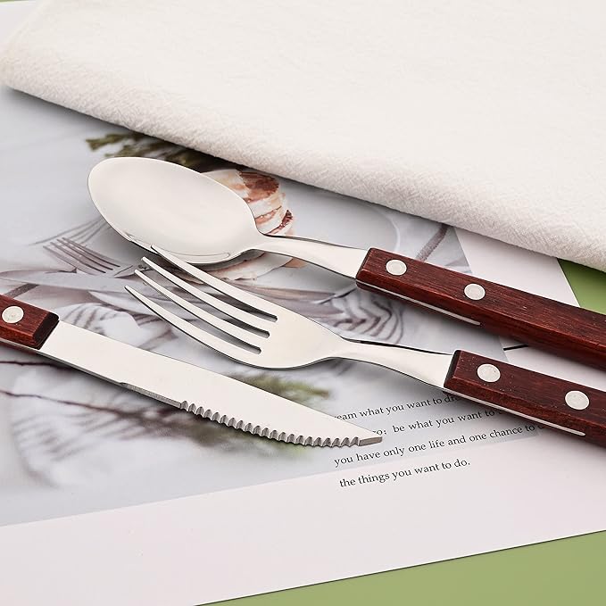 8 PCS Dinner Spoon Set, 304 Stainless Steel Table Spoons with Red Wooden Square Handles, 7.9" Long