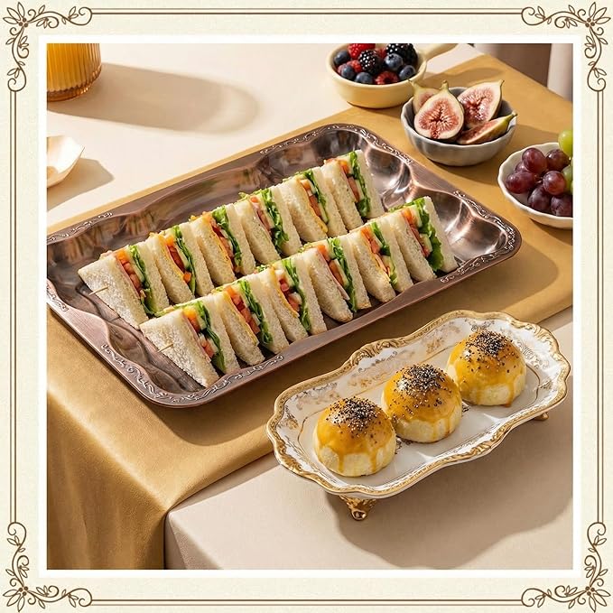 4 Pack Bronze Serving Trays Set for Party, Butterfly Floral Bronze Platter Engraved Mirror Tray, 15.8 x 11.6 Inches Elegant Metal Plate for Christmas Food Appetizer Cookies Desserts