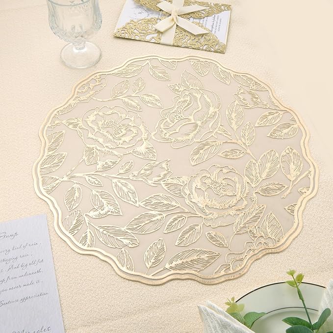 Round Placemats Gold Rose Table Mats Set of 6 Vinyl Heat Resistant Mat Washable Non-Slip 15'' for Kitchen and Dining Holiday Wedding Accent Centerpiece