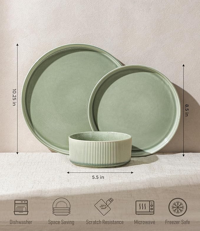 GBHOME 24-Piece Stoneware Dinnerware Set for 8 – Ribbed Ceramic Plates and Bowls, Scratch-Resistant, Microwave & Dishwasher Safe, Reactive Glaze, Light Green