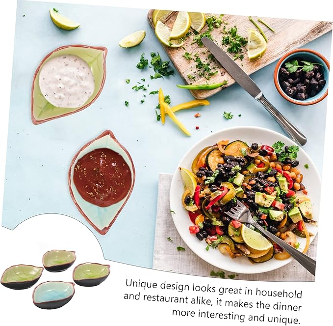 4pcs Leaf-shaped Ceramic Plates for Sauce Dips and Snacks Versatile Dessert and Seasoning Bowls Random Patterns Home Kitchen and Entertaining