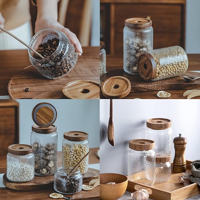 Viovian 24 OZ Glass Coffee Jar with Wooden Lid 700ml Clear Vintage Glass Storage Canister Anti-slip Decorative Jars with Lids for Food Candy Coffee Beans Cookie Sugar