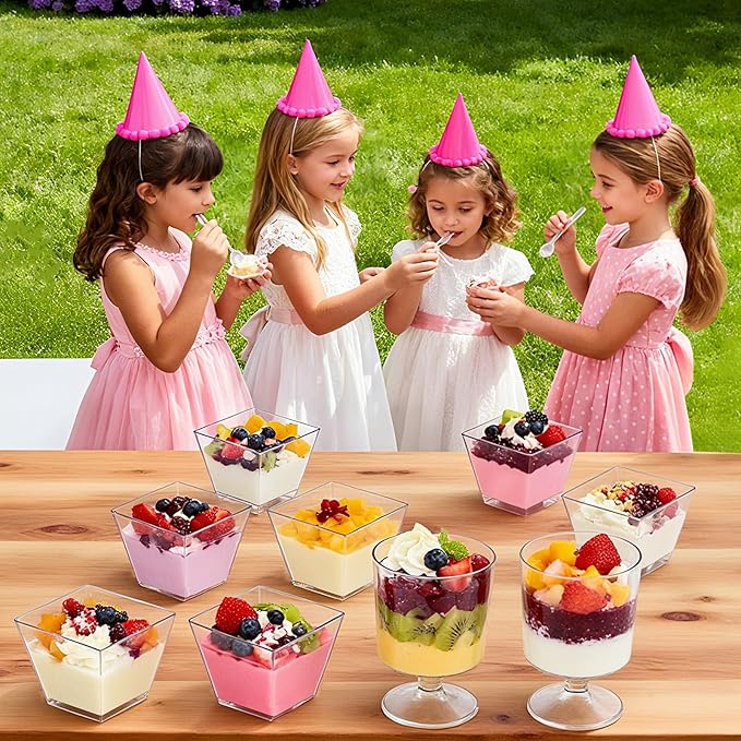 100 Pack 2 oz Mini Plastic Dessert Cups with Spoons, Disposable Clear Goblet Pudding Parfait Jello Shooter Cups Party Serving Bowls, Small Square Tasting Cups for Fruit Trifle Ice Cream Yogurt