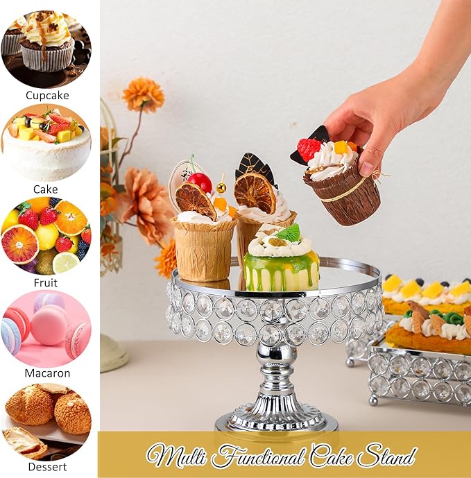 Tioncy 7 Pcs Cake Stand Set with Crystal Beaded Mirror Metal Dessert Table Display Stands for Dessert Table Cupcake Holder for Birthday Party Wedding Festival (Silver)