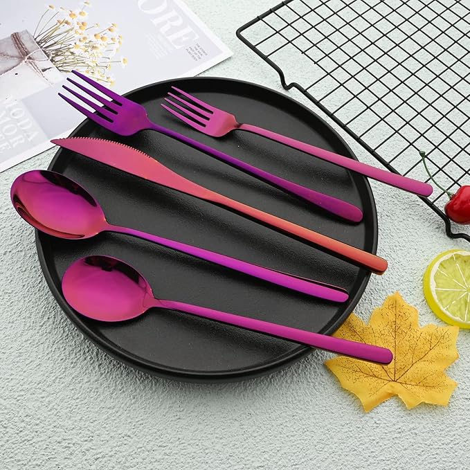 30pcs Korean Style Silverware Set Reusable Metal SUS304 Stainless Steel Fork Spoon Set Metal Portable Flatware Set Utensils Dishwasher Safe Mirror - Purple