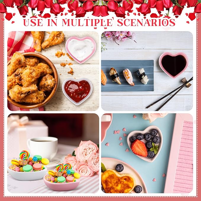 Hushee 12 Pcs Valentine's Day Heart Shaped Bowl Ceramic Candy Dish Multipurpose Salad Appetizer Dipping Sauce Heart Plates for Anniversary Wedding Party(Solid,Pink, White)