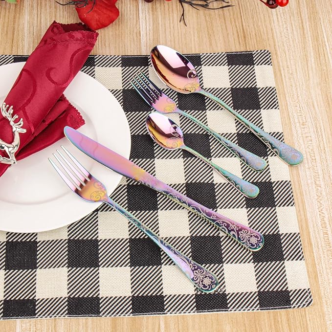 40 Pieces Stainless Steel Flatware Set for 8 People Knives Forks Spoons Set, Vintage Pattern Design, Mirror Polish and Dishwasher Safe (05-COLORFUL-SET 40)