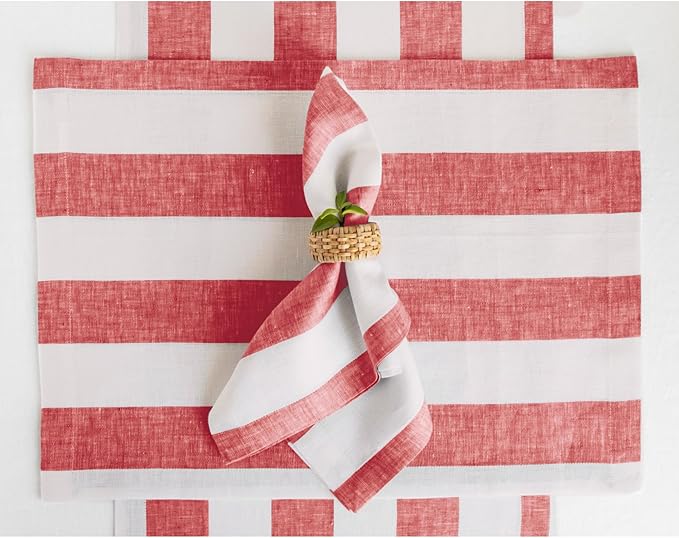 Solino Home Linen Napkins Set of 4-100% Pure Linen Cabana Stripe Red and White Cloth Dinner Napkins 20 x 20 Inch for Christmas, Holiday, Winter, New Year - Handcrafted and Machine Washable