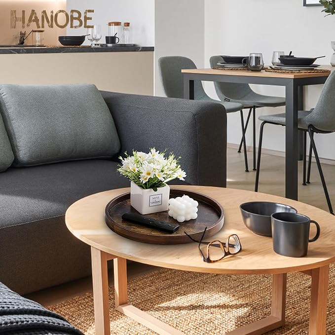 Hanobe DecorativeTray for Coffee Table : Round Vintage Brown Wood Trays for Home Decor - Farmhouse Circle Ottoman Plate for Kitchen Centerpiece Counter Display Living Room 12"