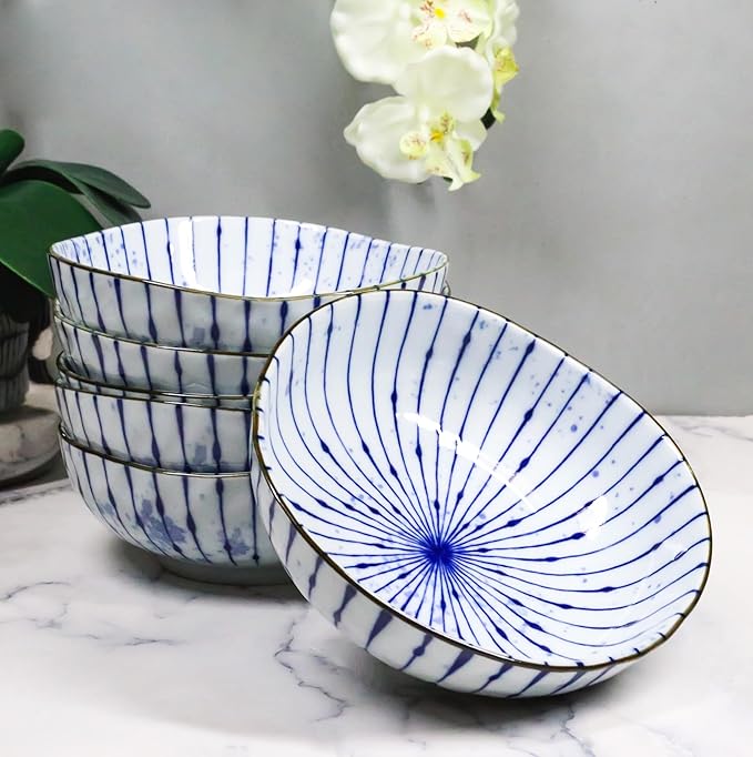 Ebros Gift Artistic Blue Waves Fubuki Tokusa Made In Japan Dinnerware Serveware Kitchenware Set Asian Japanese Restaurant Supply (Pack Of 6 Round Flair Medium Shallow Bowls 20oz)