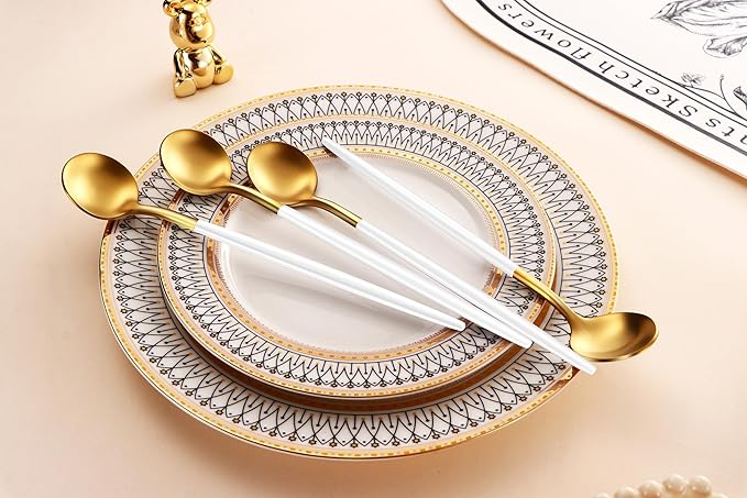 6.7 Inches Satin Gold Stainless Steel 18/10 Coffee Spoons Set With White Handle,Set Of 4 Teaspoons,Brushed Gold Small Tea Spoons For Dessert,MIni Coffee Stirring Spoon