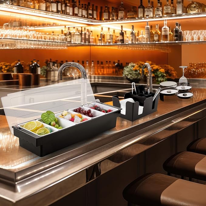 Mifoci Bartending Supplies Garnish Tray with Lid Bar Caddy 3 Tier Glass Rimmer 12 Stainless Steel Bottle Pourers 2 Juice Pour Bottle 1000 Cocktail Straw 3 Serving Tong(5 Compartments,Plastic)