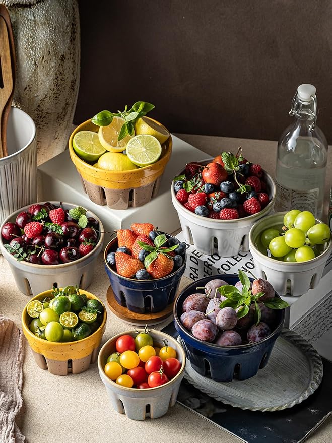 Gomakren Fruit Basket for Kitchen, Fruit Bowl with Holes, Ceramic Berry Basket Set of 2, 5.8 Inch Round Berry Containers Colander - Farmhouse Kitchen Decor, White