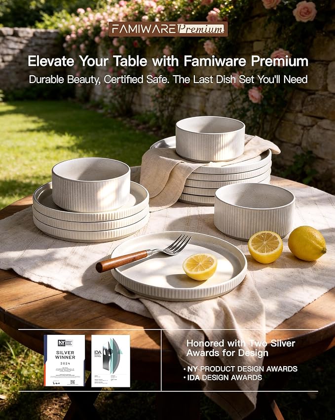 24-Piece Dinnerware Set for 8, Famiware Premium Stoneware Dish Set with Ribbed Plates and Deep Bowls, Double Reactive Glaze, Chip & Scratch Resistant, Microwave & Dishwasher Safe, Matte Reactive White
