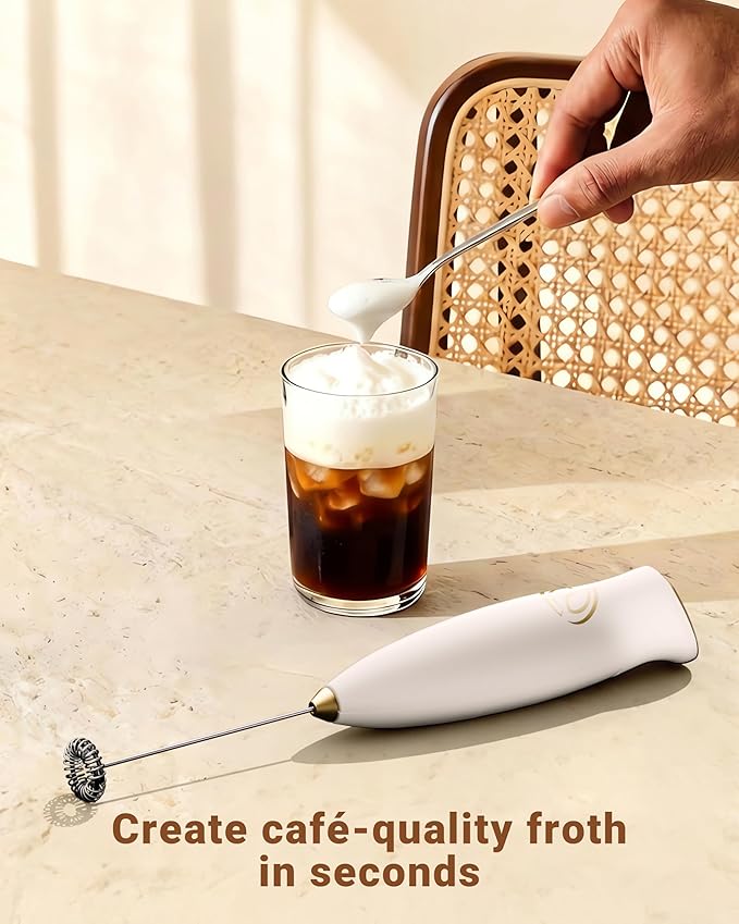 Milk Frother Handheld Frother Wand Drink Mixer Handheld Coffee Stirrers Electric Frother for Coffee Mixer Wand with 2 Whisk frother for protein powder coffee frother handheld-White/Gold