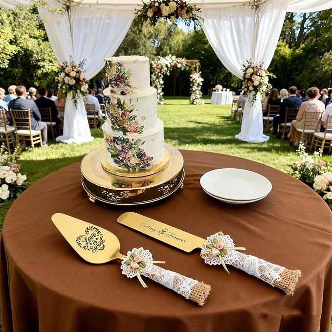 Wedding Cake Knife and Server Set – 10.83" Serrated Knife & 9.84" Server with Rustic Lace Burlap Handles, Stainless Steel Blades, for Bride & Groom, Anniversary & Engagement Gift(gold)
