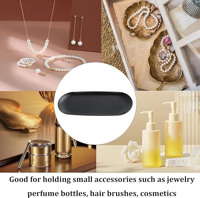 2Pcs 9x4inch Stainless Steel Decorative Trays, Oval Jewelry Dish Cosmetics Organizer, Black Serving Platter for Bathroom Vanity Dresser Storage