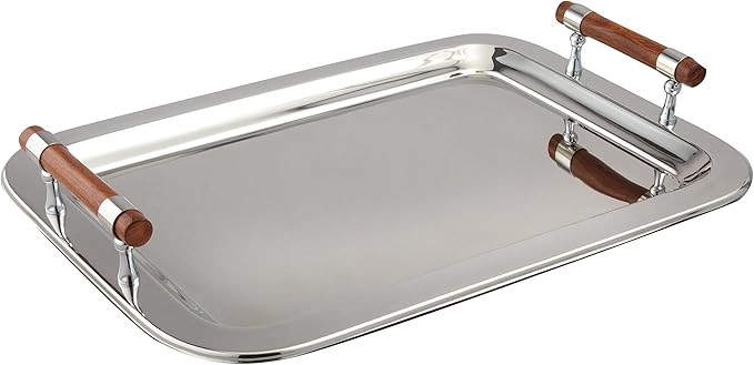 Elegance Stainless Steel Large Rectangular Tray with Wood Handles, 22 by 15.5-Inch, Silver