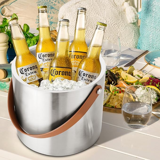 4L Ice Bucket with Lid, Scoop,Tongs & Strainer, Stainless Steel Double Wall Insulated Ice Buckets for Parties & Cocktail Bar, Large Outdoor Champagne Ice Container, Light Brown Handle