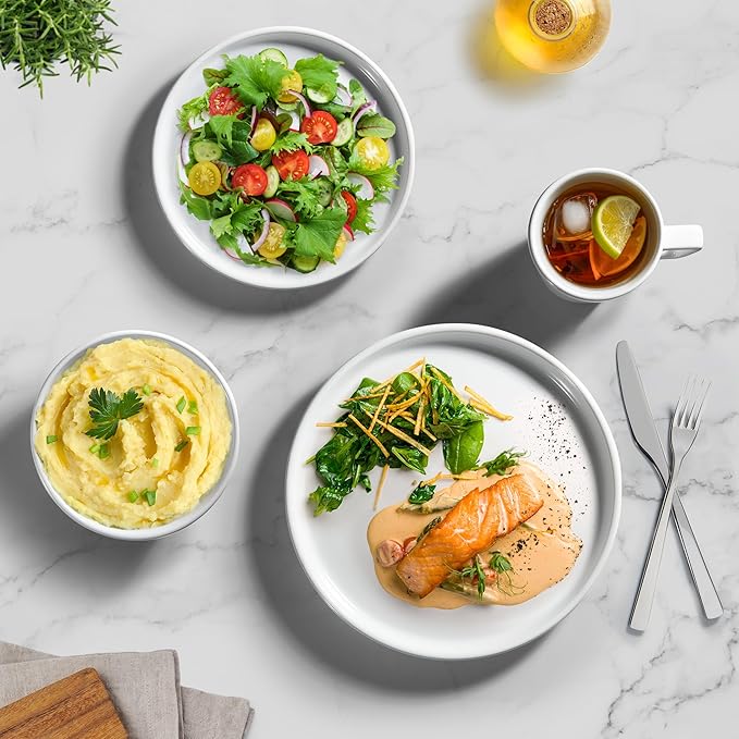 Zulay Kitchen Terra Plates and Bowls Sets, 16 Piece Modern Stoneware Dish Set for 4, Chip and Scratch Resistant Ceramic Dinnerware Set, Microwave and Dishwasher Safe, White