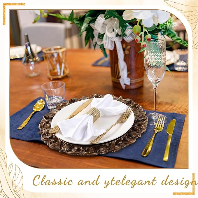 6 Pcs Antique Gold Charger Plates Bulk 13 Inch Embossed Rim Plastic Round Decorative Vintage Plates Charger for Dinner Wedding Party Event Table Setting Decoration (Vintage)