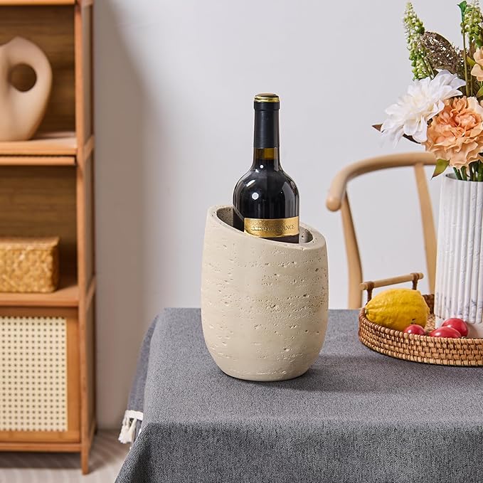 Natural Travertine Textures Wine Chiller Bucket – 750ml Resin Cooler for Wine & Champagne Bottles, Party Bar Cart Decor – Keeps Drinks Cold, Unique Gift for Wine Lovers, Housewarming (Beige)