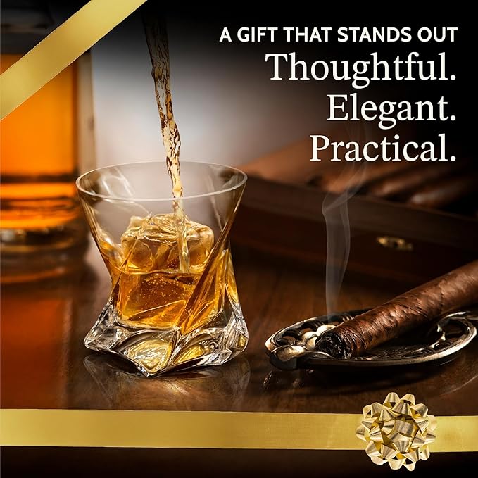 JAMES BENTLEY STAR Whiskey Heavy Tumbler Glasses – Hand Blown Crystal Whiskey Glasses, Enhances Aroma and Flavor, Premium Quality for Bourbon & Old Fashioned Tasting— Set of 2 with 4 Ice Cube Molds