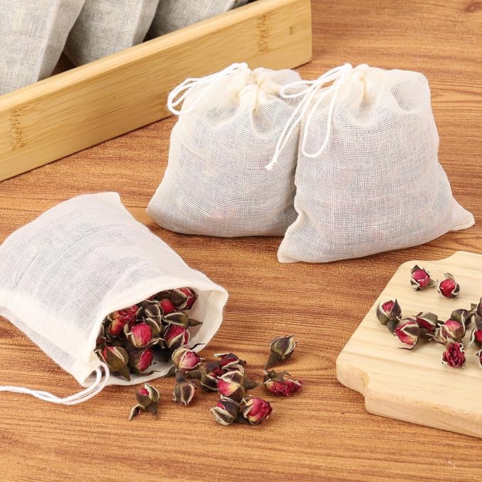 100Pcs Muslin Bags with Drawstring, 3x4 Inch Reusable Empty Tea Bags, Spice Herb Sachet Bag for Cooking Soups, Natural Cotton Unbleached Cheese Cloth Bag for Straining