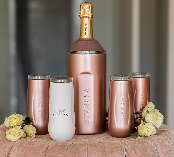 Vinglacé Champagne Bottle Chiller Gift Set- Portable Stainless Steel Sparkling Wine Cooler with 2 Stemless Champagne Flutes, Rose Gold