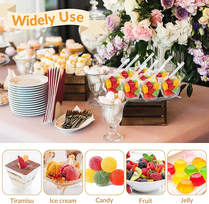 Suclain 200 Pack Dessert Cups with Spoons, 2.7 Oz Square Clear Plastic Disposable Appetizer Parfait Cups for Tasting Party Appetizers Fruit Parfait Trifle Mousse Pudding(Curved Edge)