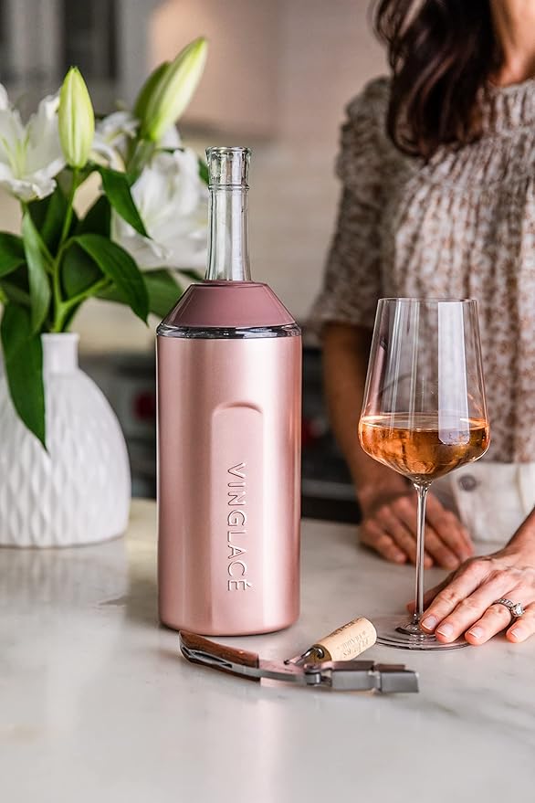 Vinglacé Wine Bottle Chiller Gift Set- Portable Stainless Steel Wine Cooler with 2 Stemless Wine Glasses, Rose Gold
