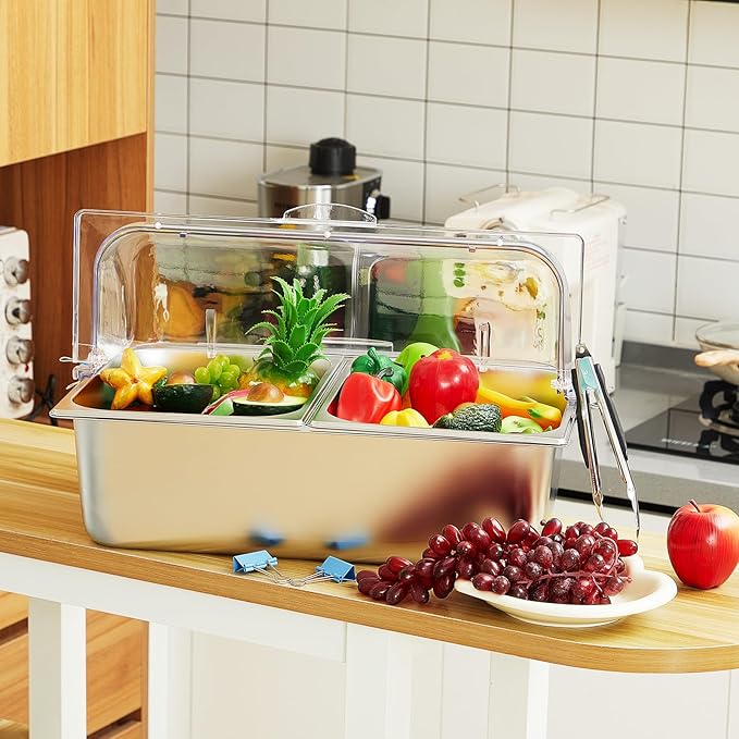 Tessco for you 16 Pcs Ice Food Spice Serving Display Countertop Chilled Condiment Container Set with Lid, Stainless Steel Salad Cold Caddy for Buffet Restaurant Kitchen Party(2 Compartments)