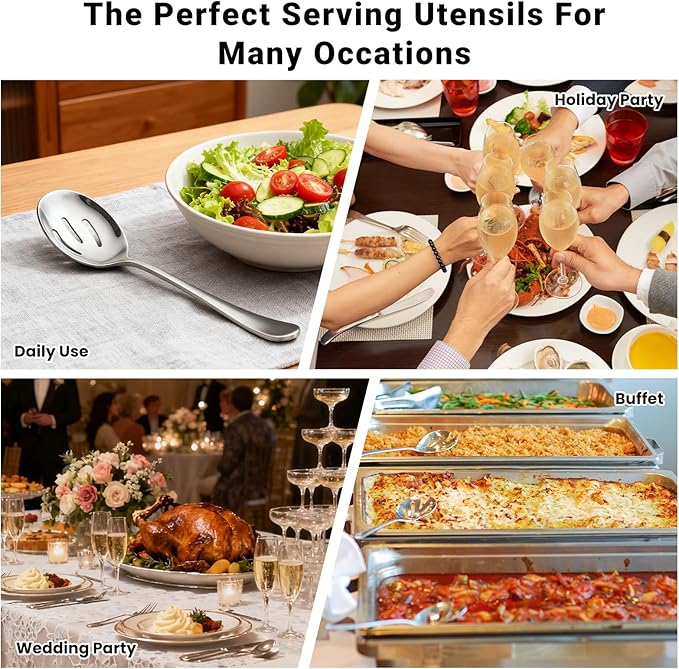 6 Pack Serving Spoons Set with 3 Serving Spoons and 3 Slotted Spoon, 8.6 Inch Large Stainless Steel Buffet Banquet Utensils Cutlery Set for Home, Kitchen, Party