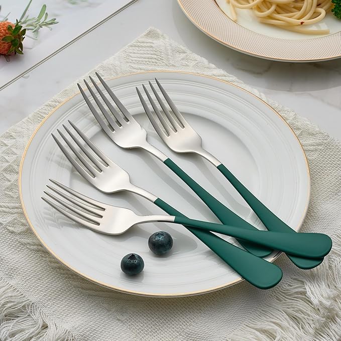 24 piece Green Forks and Spoons Silverware Set,Green Handle Silverware 18/0 Stainless Steel Flatware Bulk Forksand Spoons Dessert Forks of 24