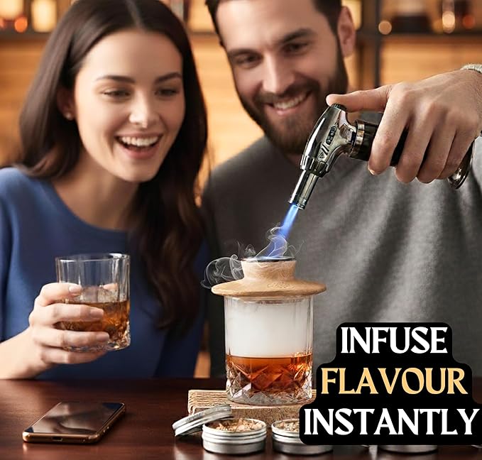 Cocktail Smoker Kit - Whiskey Bourbon Drink Smoker with Torch, Custom Top, 2 Ice Ball Makers, 4 Flavors Wood Chips - Smokers for Whiskey Drinks - Cocktail Drink Smoking Kit - Unique Gifts for Him