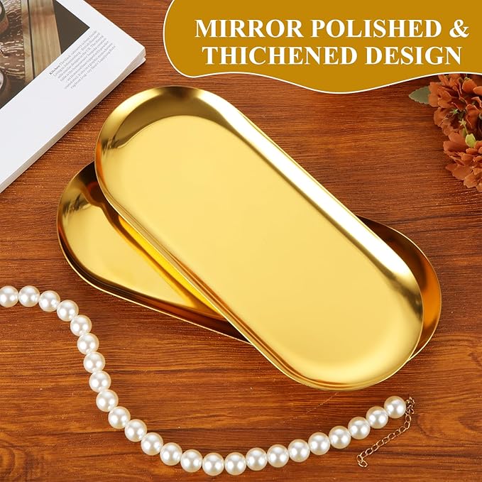 5PCS Stainless Steel Serving Tray Set Gold Platters for Serving Food Party Medium Metal Trays Decorative 10" Long Plate Oval Storage Trays Thickened Serving Dishes for Entertaining Sushi Snack
