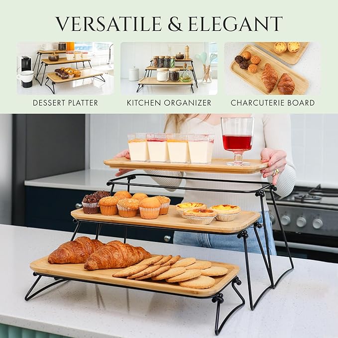 FINESSY 3 Tier Serving Tray for Party Dessert and Appetizer Stand, Wooden Three Tiered Serving Tray Stand & Platter Tower Plate for Food Fruit Cookie Afternoon Tea Hosting, Dessert Table Display Set