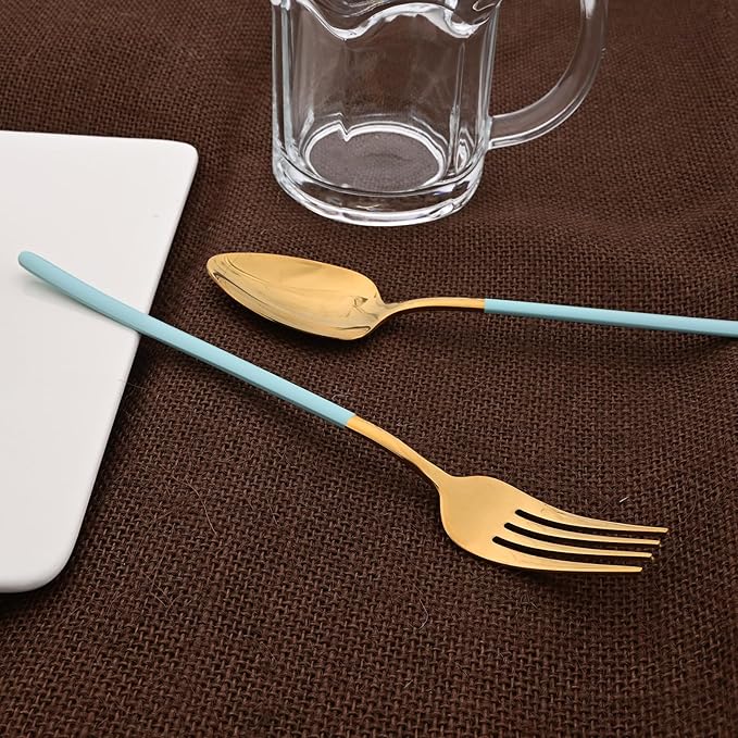 36pcs Silverware Set, 18/10 Stainless Steel Serving Flatware With Curved Handle For 6, Durable Eating Utensils For Home Entertaining, Mirror Polished (Mint Green Gold)