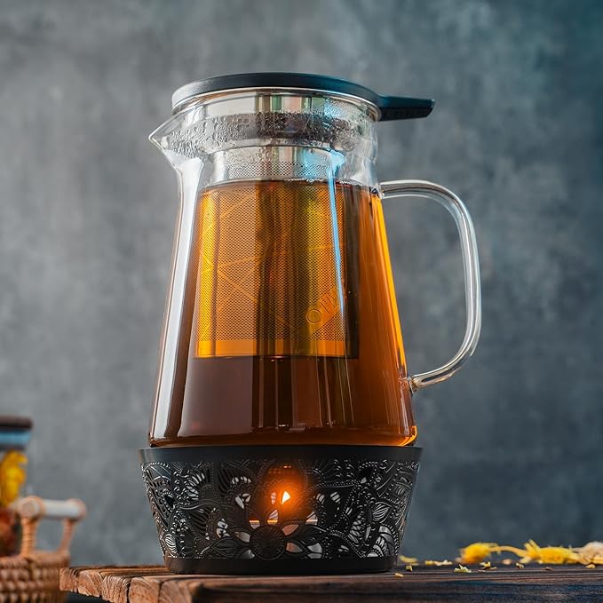 Elegant Glass Teapot with Built-In Tea Infuser & Stainless Steel Candle Warmer Base - 500ml, Premium Gift Set for Tea Lovers, Perfect for Brewing and Keeping Tea Warm (500ml)