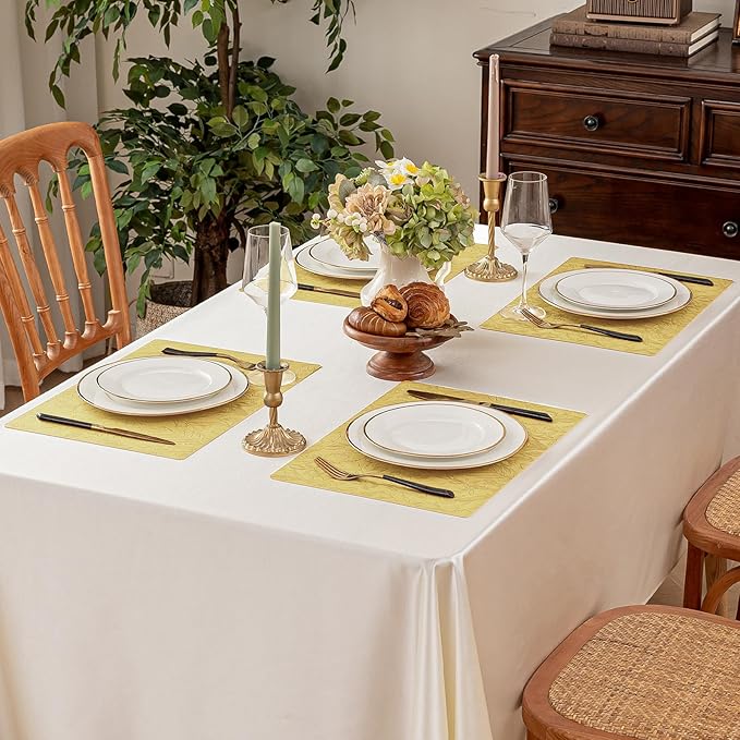 Romanstile Vinyl Placemats Set of 6-12 X 17 Inch - Heat Resistant Non-Slip Embossed Floral Place Mats 100% Waterproof Oilproof Wipeable Faux Leather Table Mats for Kitchen/Dining/Party, Yellow